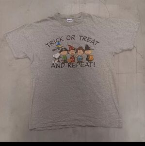 Peanuts Charlie Brown Halloween Trick or Treat And Repeat Grey T-shirt Size M